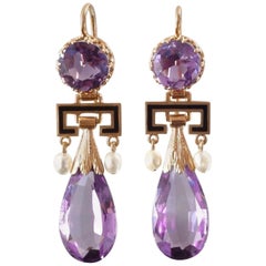 Antique Victorian Amethyst Pearl Enamel Gold Drop Earrings, France, 1860s-1870s