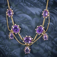 Collier victorien ancien en or 18 carats avec guirlande d'améthyste et de perles, c. 1860