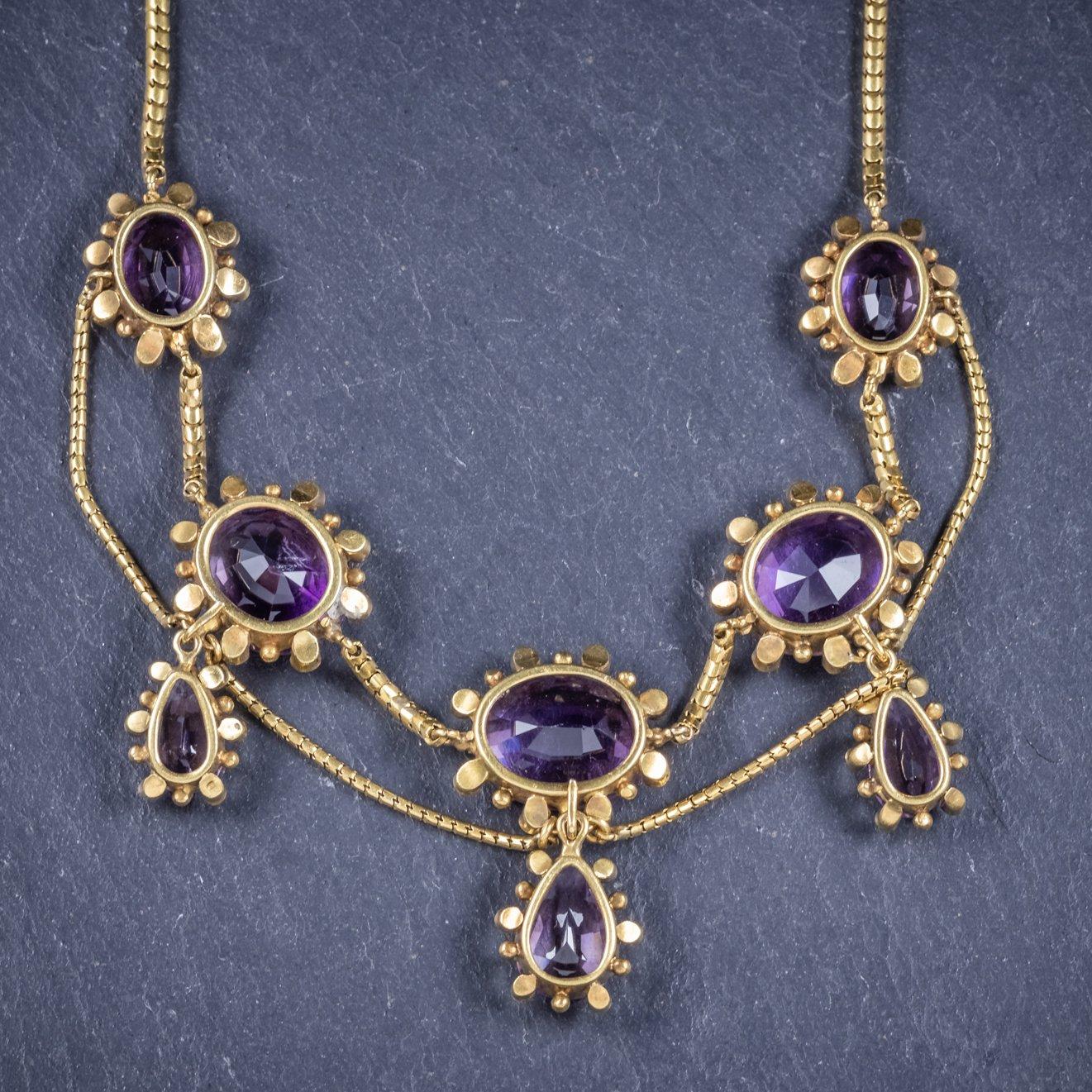 Oval Cut Antique Victorian Amethyst Pearl Garland Necklace 18ct Gold, circa 1860 For Sale