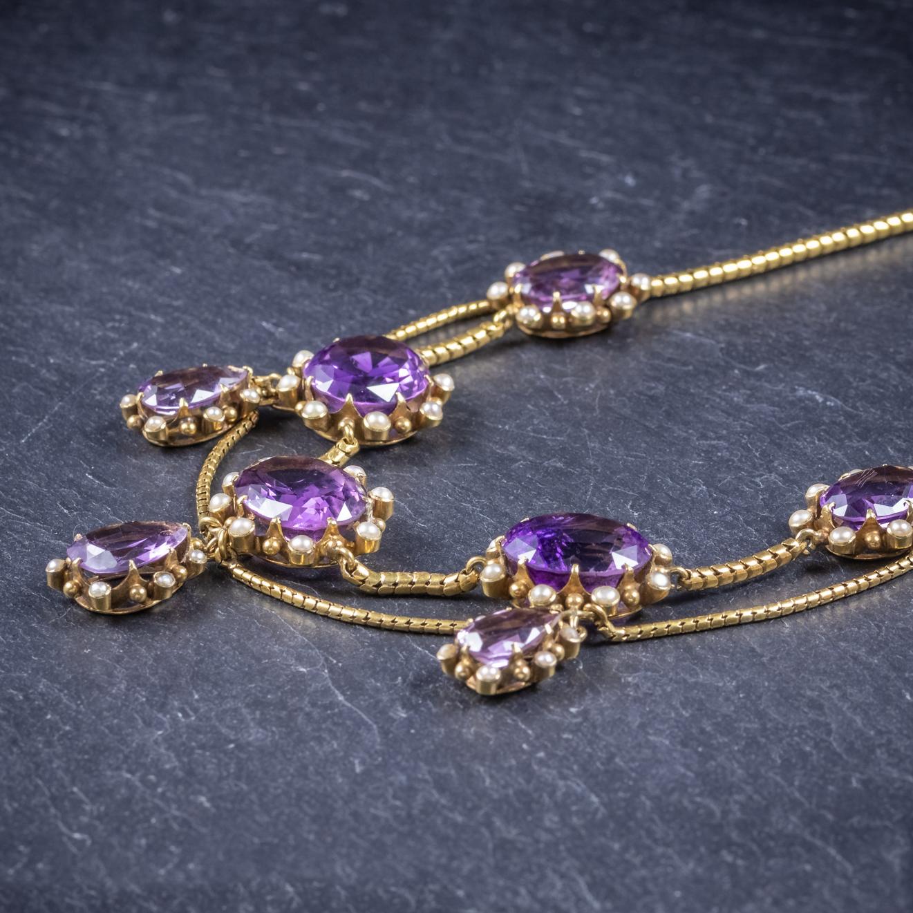 Antique Victorian Amethyst Pearl 18 Carat Gold, circa 1860 Garland Necklace For Sale 1