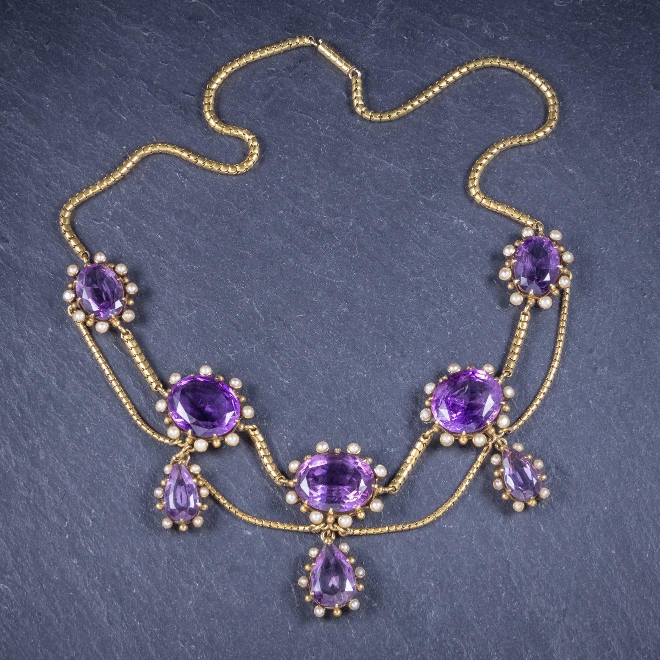 Antique Victorian Amethyst Pearl Garland Necklace 18ct Gold, circa 1860 In Good Condition For Sale In Kendal, GB