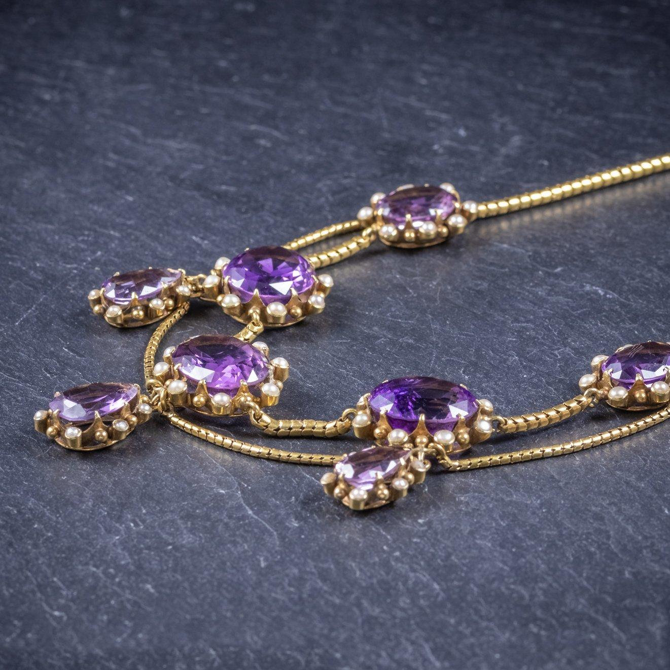 Women's Antique Victorian Amethyst Pearl Garland Necklace 18ct Gold, circa 1860 For Sale