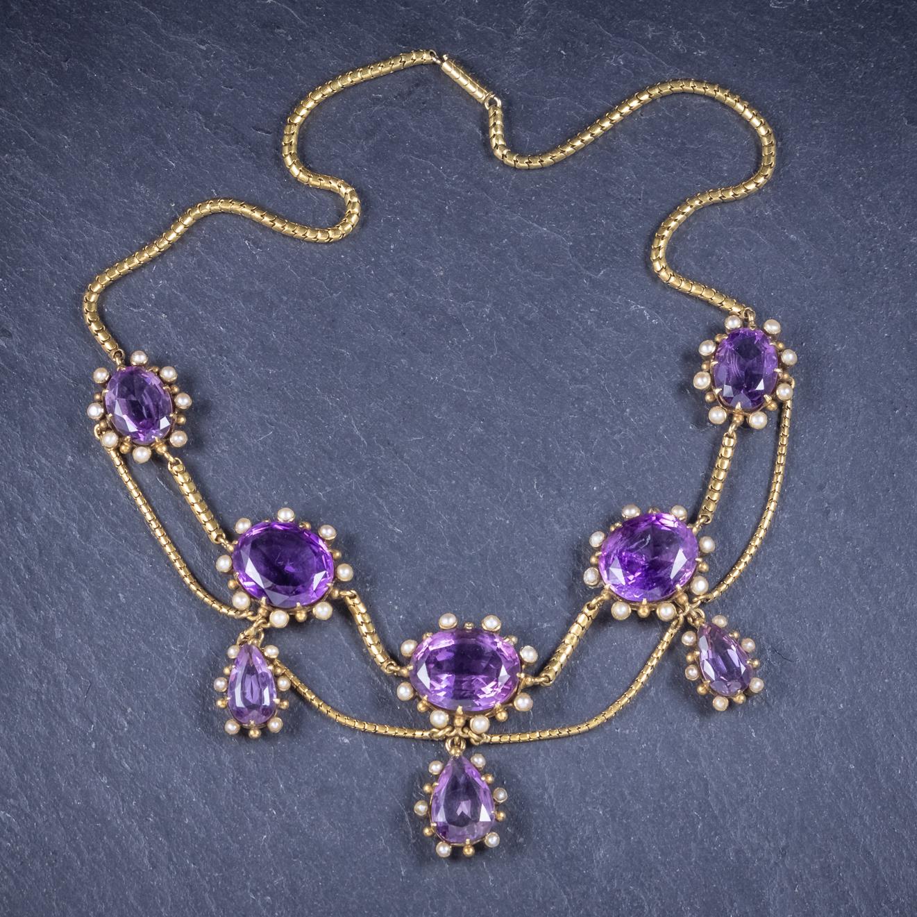 Antique Victorian Amethyst Pearl 18 Carat Gold, circa 1860 Garland Necklace For Sale 3