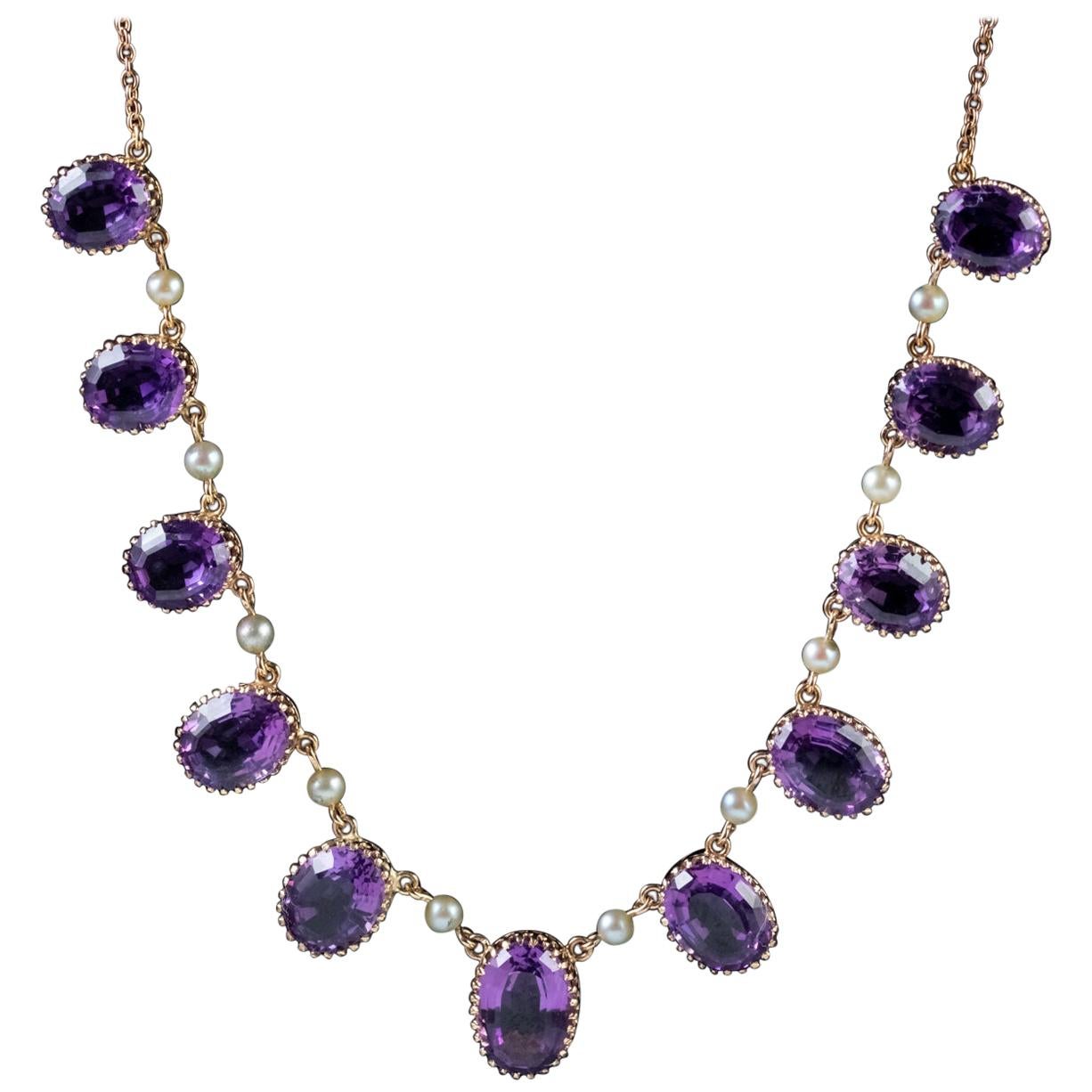 Antique Victorian Amethyst Pearl Garland Necklace 9 Carat Gold, circa 1900 For Sale