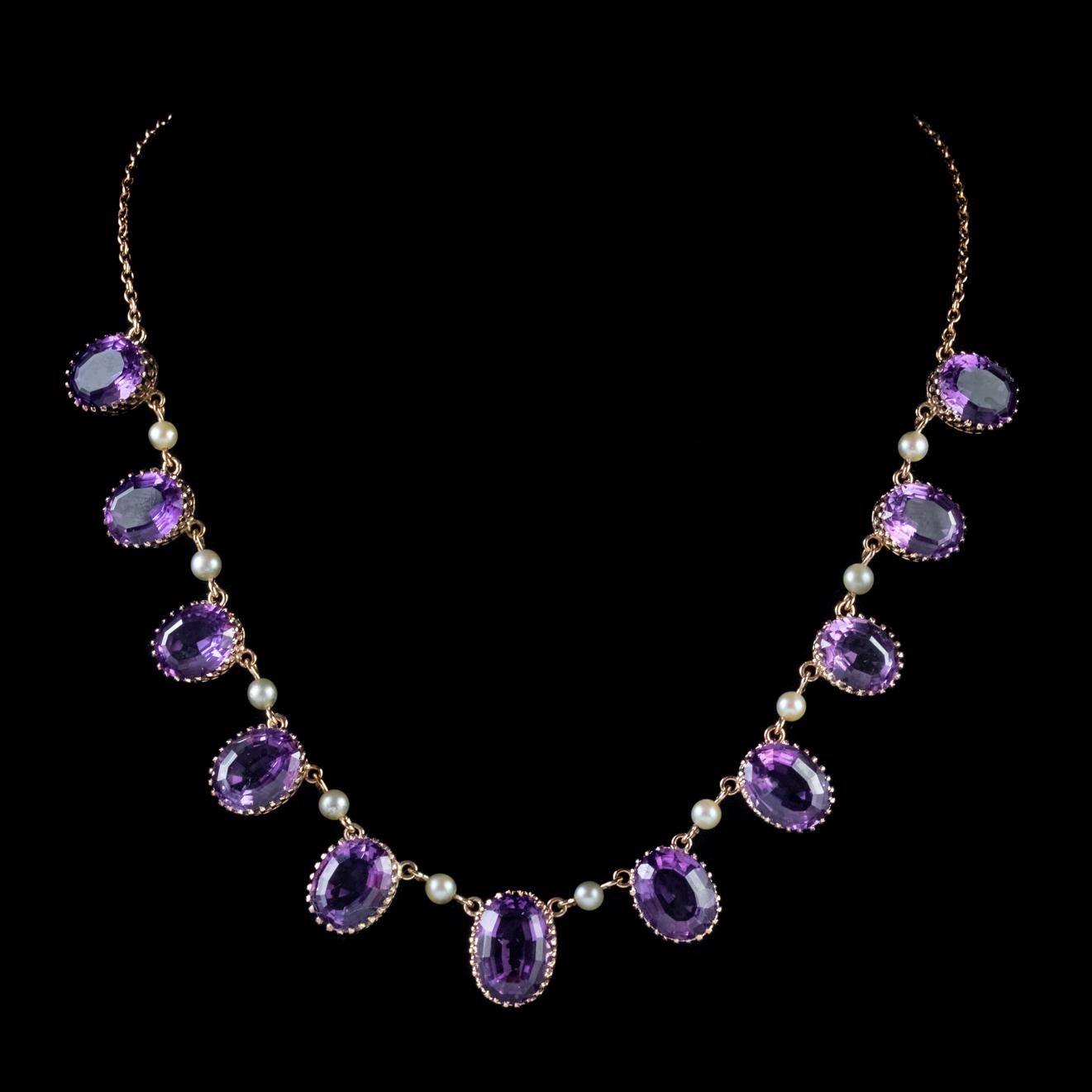 Antique Victorian Amethyst Pearl Garland Necklace 9 Carat Gold, circa 1900 In Good Condition For Sale In Lancaster, Lancashire