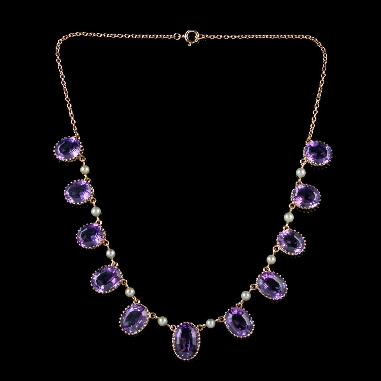 Women's Antique Victorian Amethyst Pearl Garland Necklace 9 Carat Gold, circa 1900 For Sale