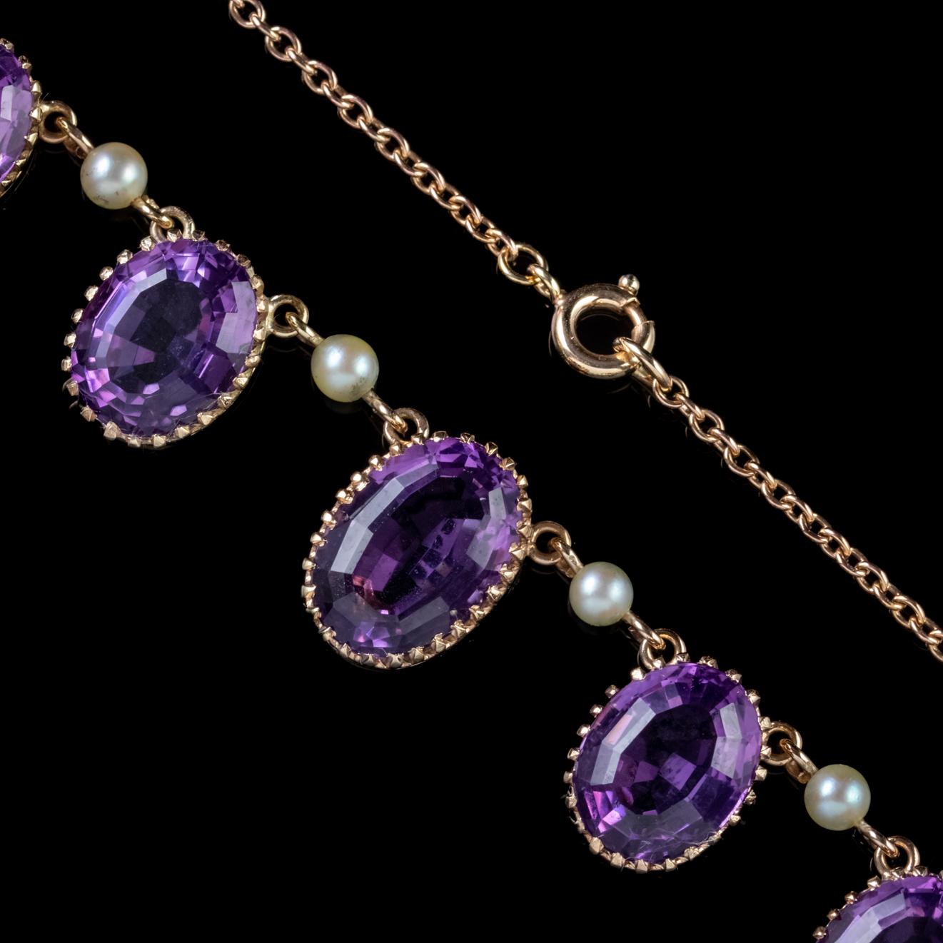 Antique Victorian Amethyst Pearl Garland Necklace 9 Carat Gold, circa 1900 For Sale 1