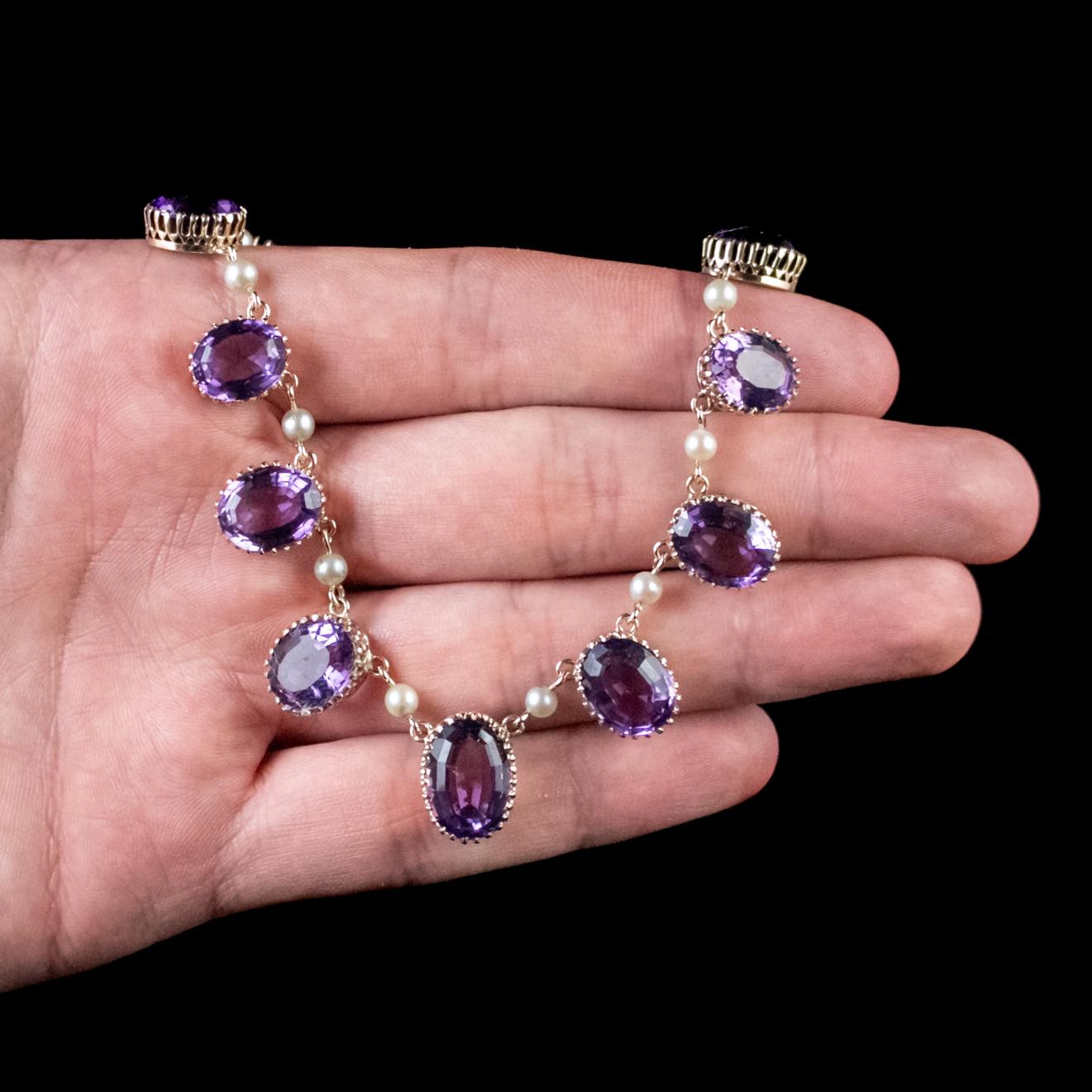 Antique Victorian Amethyst Pearl Garland Necklace 9 Carat Gold, circa 1900 For Sale 3