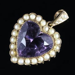 Antique Victorian Amethyst Pearl Heart Pendant, circa 1880