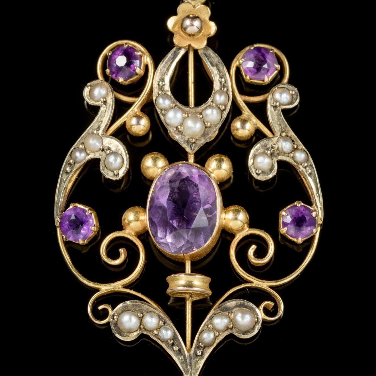 This lovely antique Amethyst and Pearl pendant is from the Victorian era, Circa 1900. 

The beautiful piece is decorated in creamy Pearls and beautiful purple Amethyst’s including a small Amethyst dropper hanging below. 

Amethyst has been highly