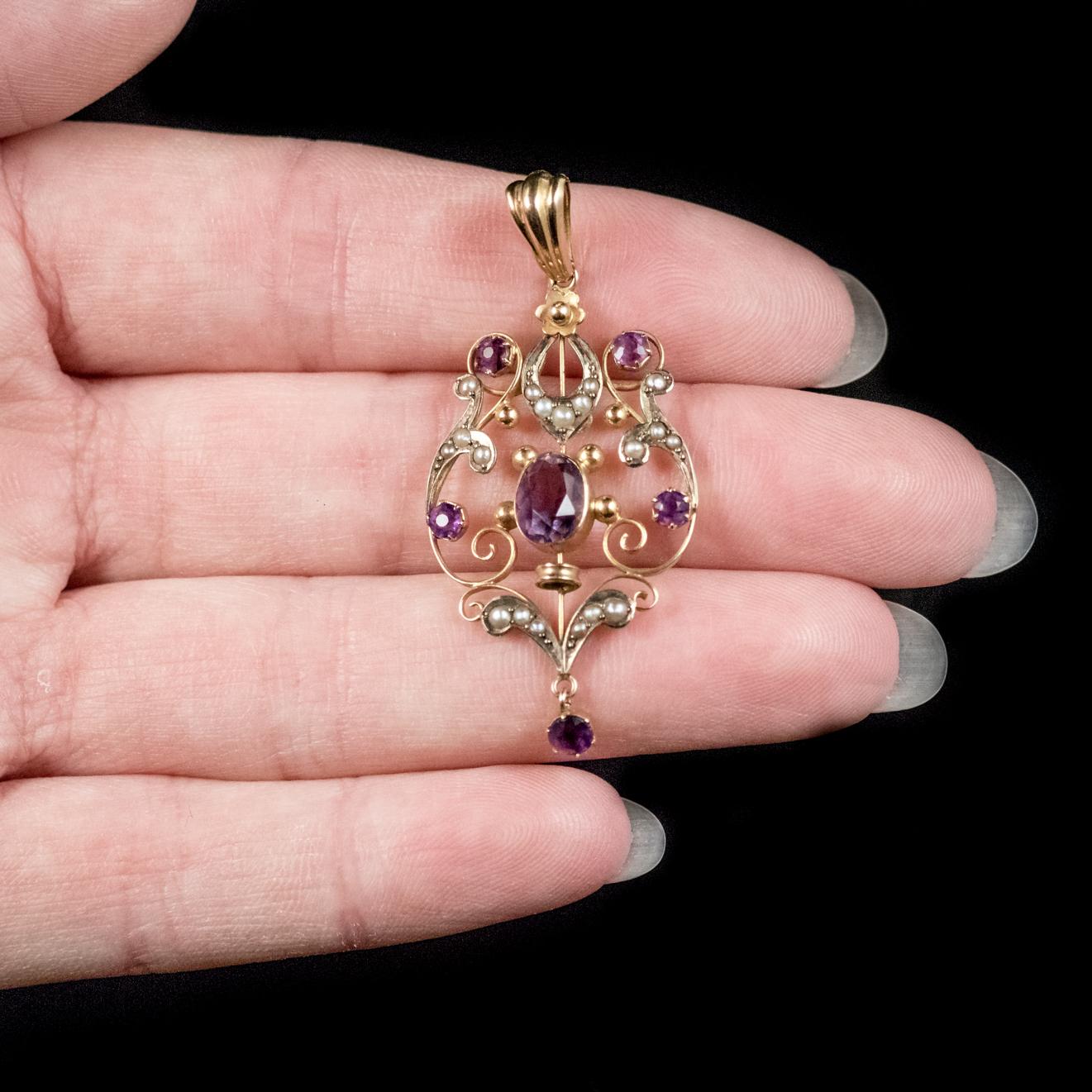 Antique Victorian Amethyst Pearl Pendant 9 Carat Gold, circa 1900 2