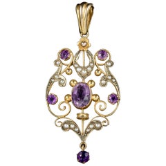 Antique Victorian Amethyst Pearl Pendant 9 Carat Gold, circa 1900