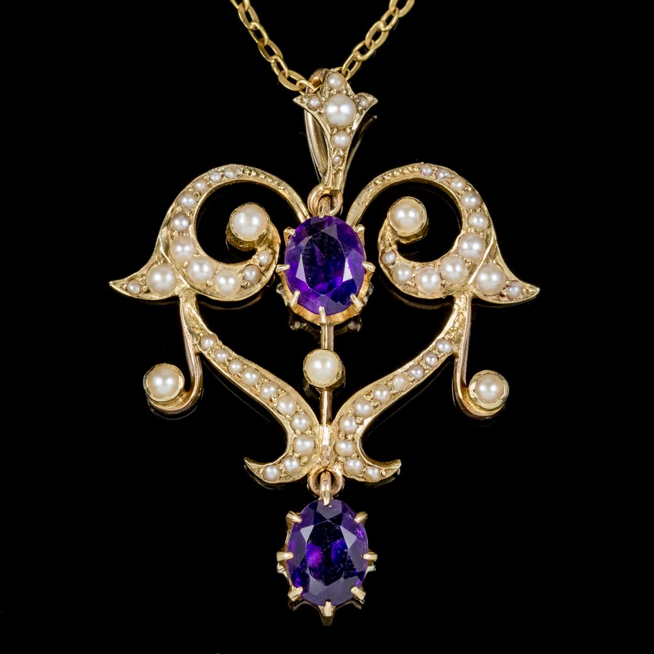 Antique Victorian Amethyst Pearl Pendant Necklace 9 Carat Gold, circa 1880 In Excellent Condition In Lancaster, Lancashire