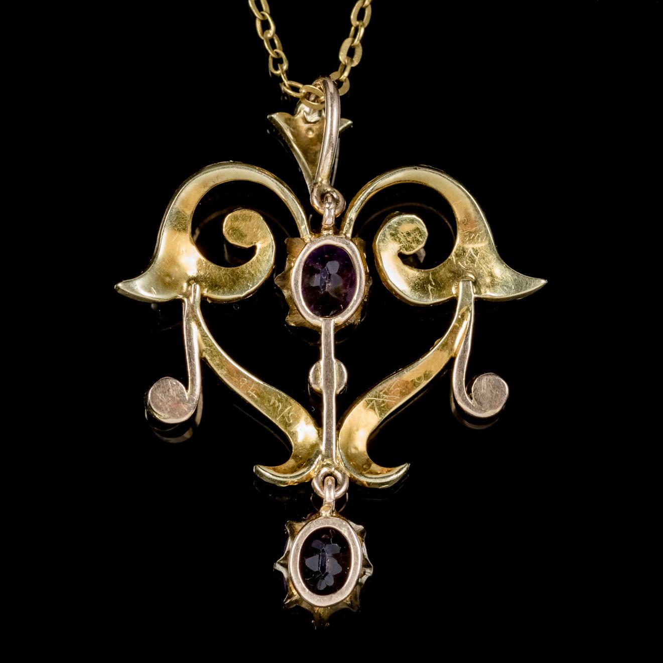 Women's Antique Victorian Amethyst Pearl Pendant Necklace 9 Carat Gold, circa 1880