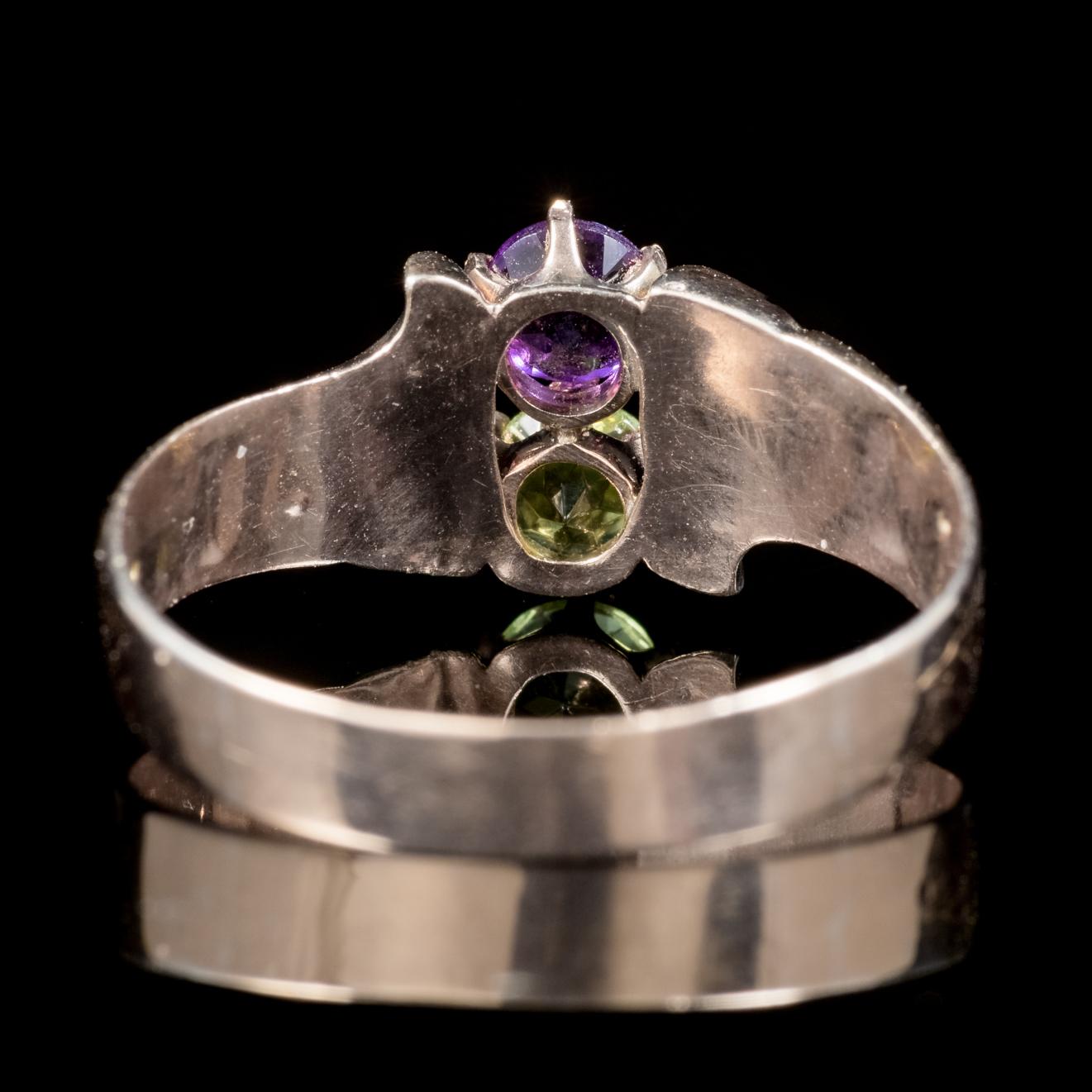 Antique Victorian Amethyst Pearl Peridot Suffragette Ring 18 Carat Gold In Excellent Condition In Lancaster, Lancashire