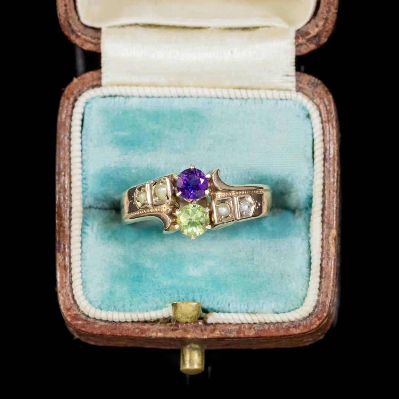 Antique Victorian Amethyst Pearl Peridot Suffragette Ring 18 Carat Gold 1