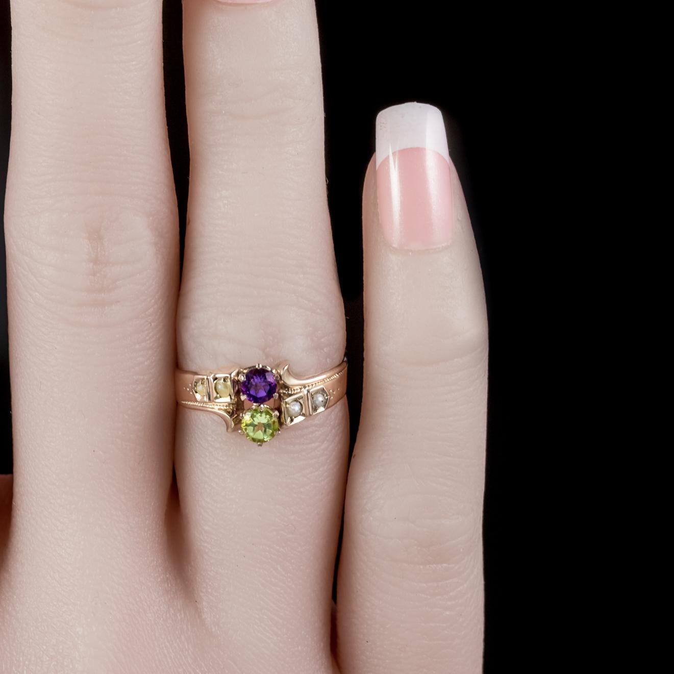 Antique Victorian Amethyst Pearl Peridot Suffragette Ring 18 Carat Gold 2