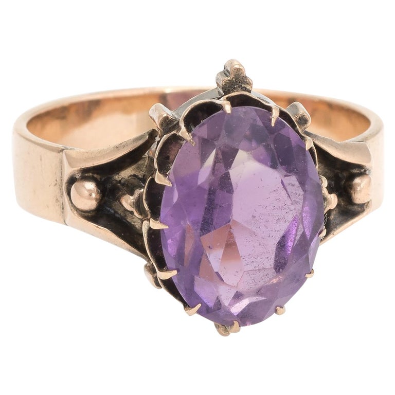 Antique Victorian Amethyst Ring 14k Rose Gold Cocktail Statement Jewelry 7.25 For Sale at 1stdibs