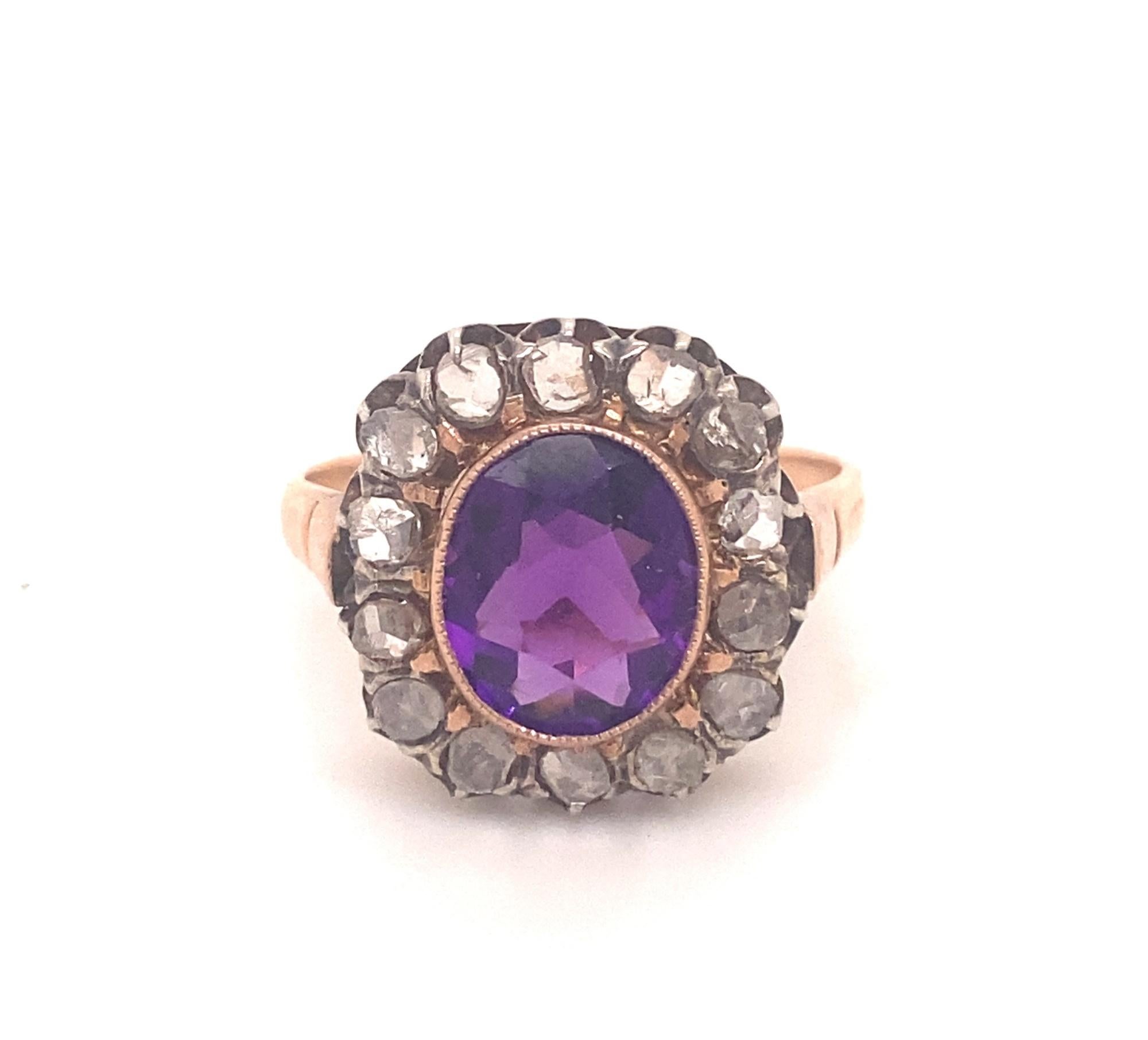 Antique Victorian Amethyst Rose Cut Diamond 18K Gold Ring In Good Condition For Sale In Woodland Hills, CA