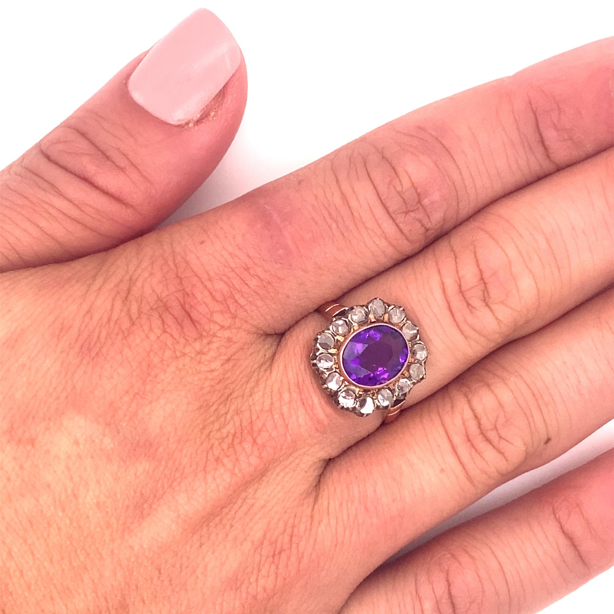 Antique Victorian Amethyst Rose Cut Diamond 18K Gold Ring For Sale 1