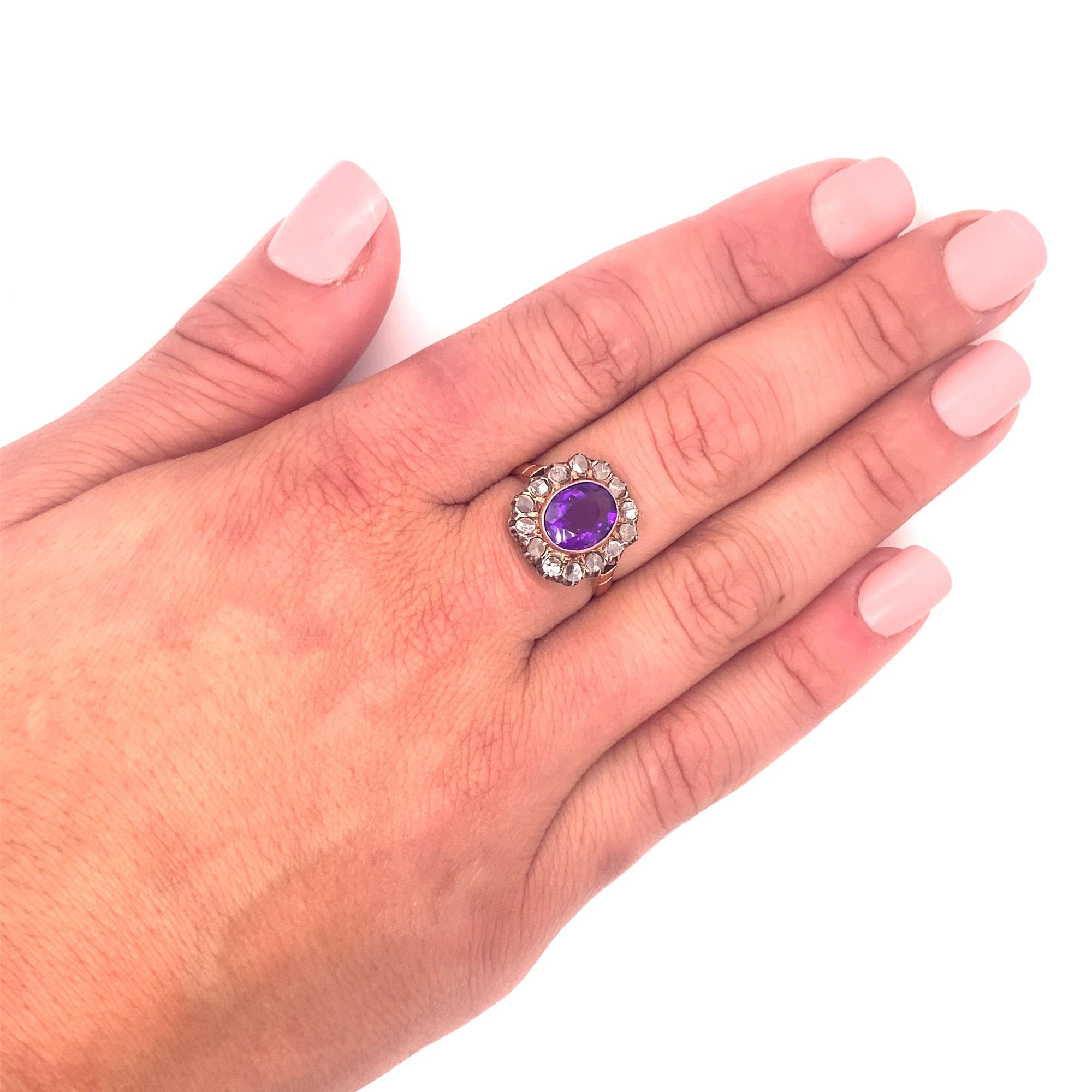 Antique Victorian Amethyst Rose Cut Diamond 18K Gold Ring For Sale 2