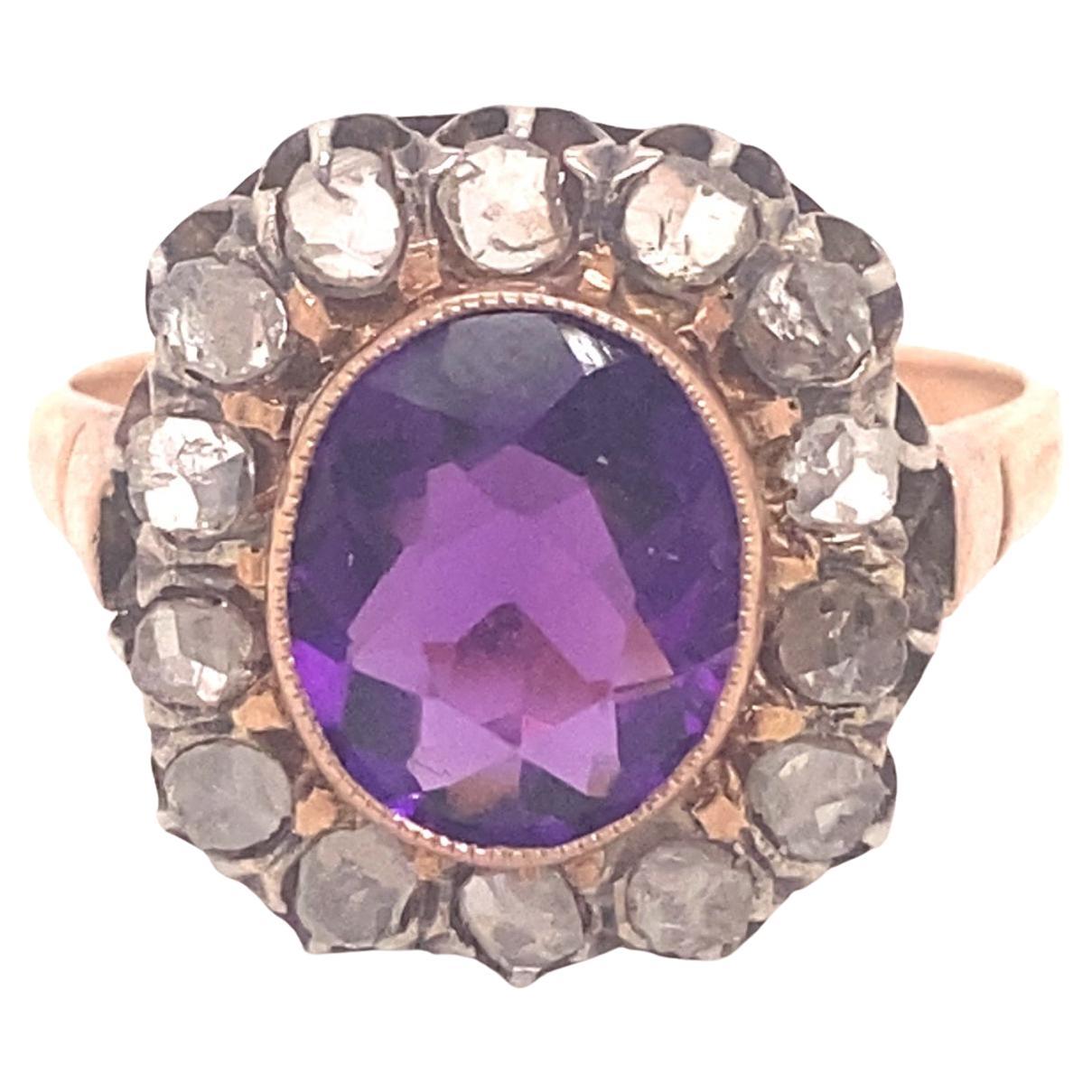 Antique Victorian Amethyst Rose Cut Diamond 18K Gold Ring For Sale