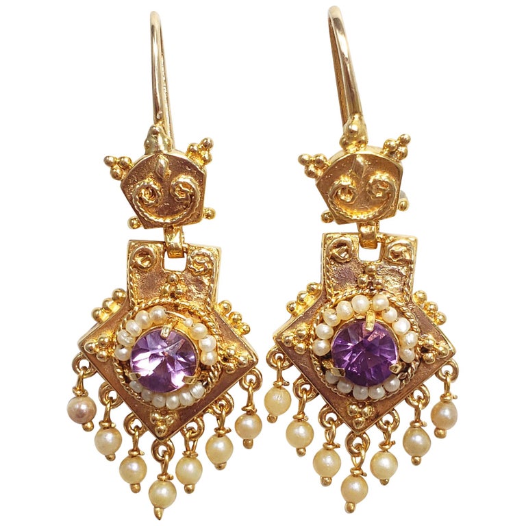 Antique Victorian Amethyst and Seeded Pearl 14K Two Piece Dangling Hook ...