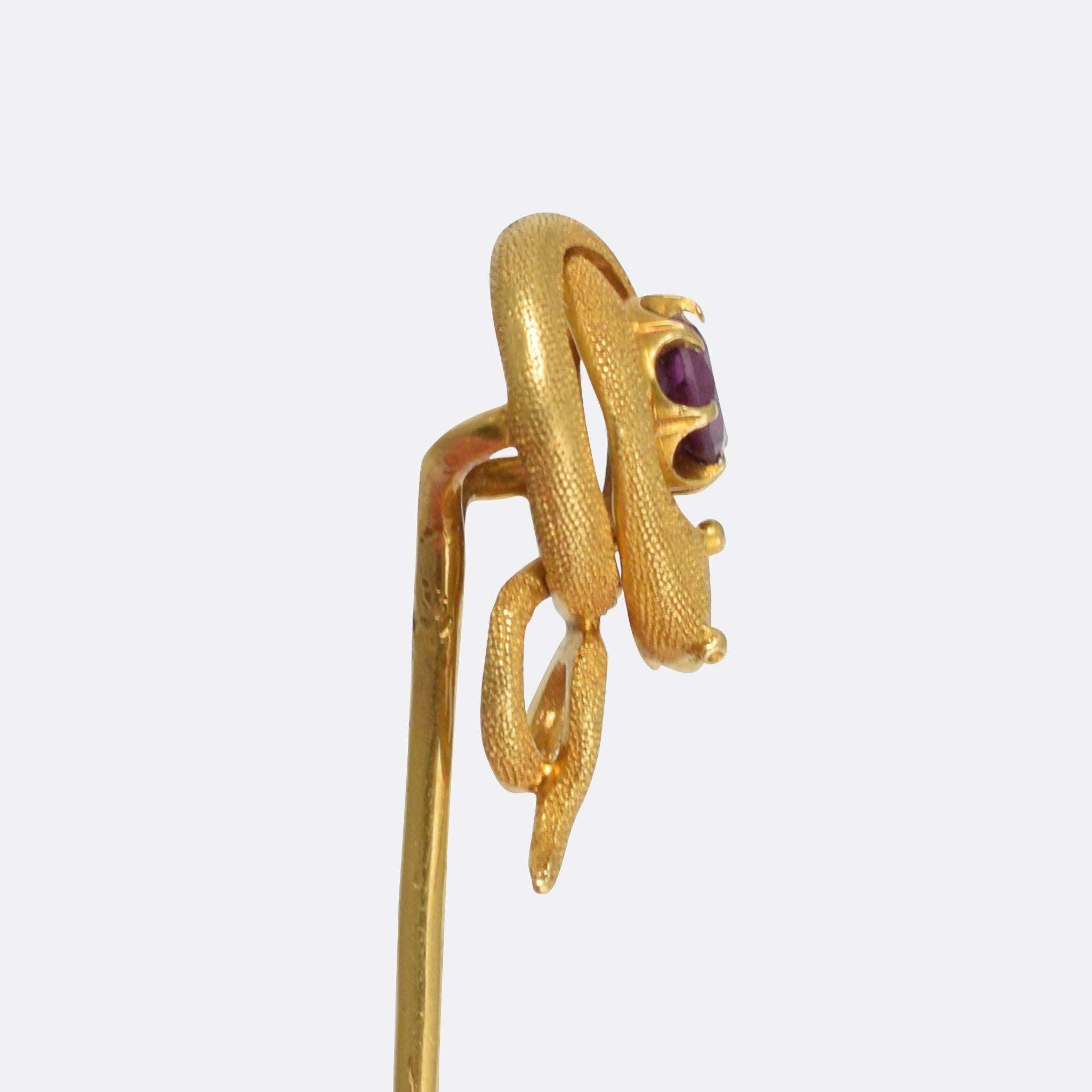 Antique Victorian Amethyst Snake Stick Pin In Excellent Condition In Sale, Cheshire