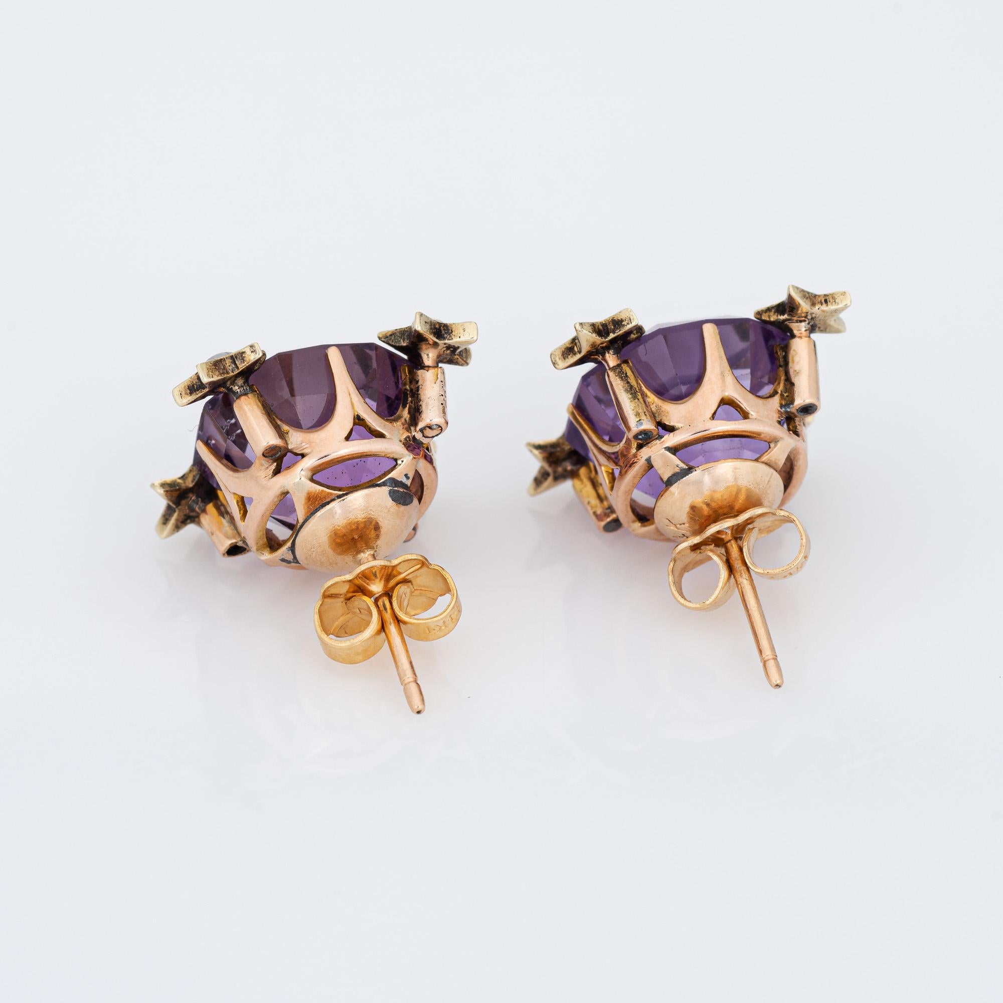 Finely detailed antique Victorian amethyst star earrings (circa 1880s to 1900s), crafted in 14 karat yellow gold. 

The amethysts measure 10.5mm each and total an estimated 4 carats each (8 carats total estimated weight). The amethysts are in very