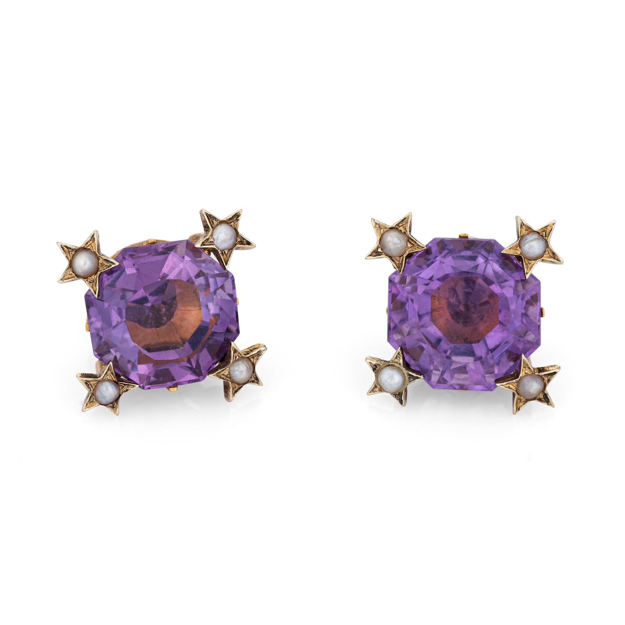 Antique Victorian Amethyst Star Earrings Studs 14k Yellow Gold Vintage Jewelry In Good Condition In Torrance, CA