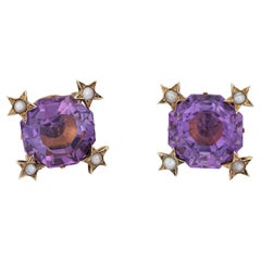Antique Victorian Amethyst Star Earrings Studs 14k Yellow Gold Vintage Jewelry
