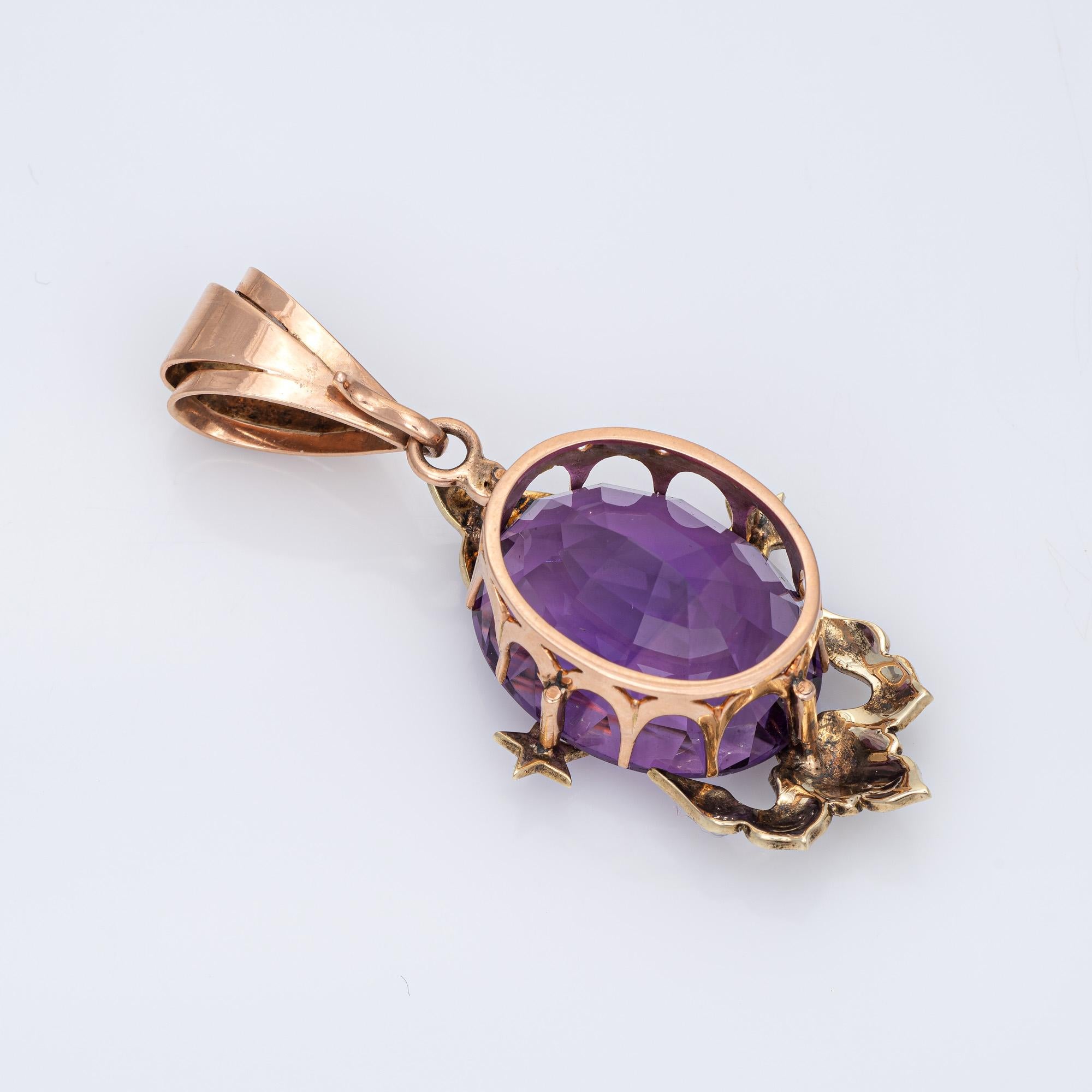 Finely detailed antique Victorian amethyst star pendant (circa 1880s to 1900s), crafted in 14 karat yellow gold. 

The amethyst measures 25mm x 20mm (estimated at 35 carats). the amethyst is in very good condition and free of cracks or chips. Seed