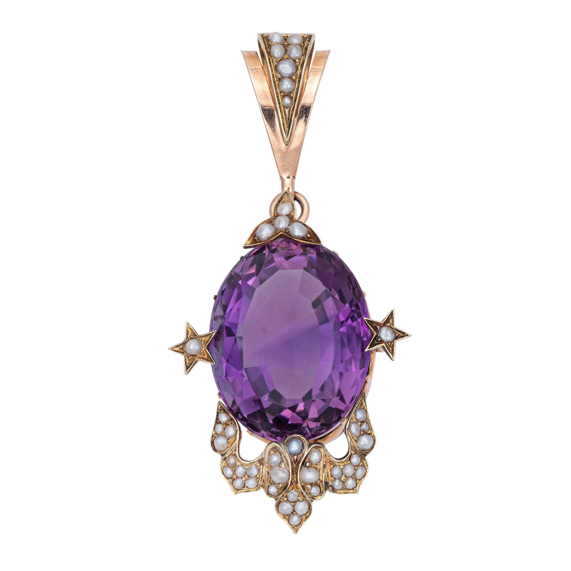 Oval Cut Antique Victorian Amethyst Star Pendant Large 14k Yellow Gold Vintage Jewelry