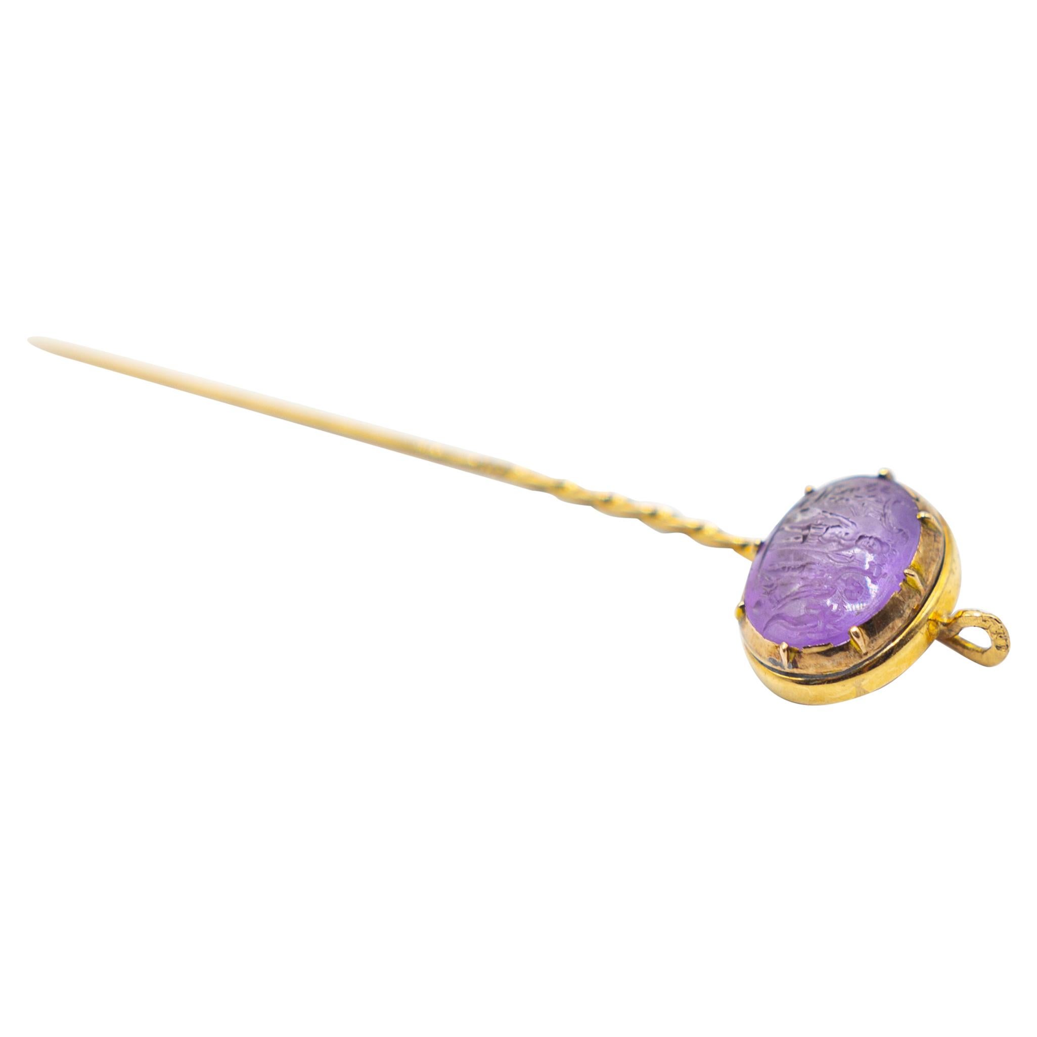 Antique Victorian Amethysts Lapel Stick Pin in 18 Karat Gold For Sale