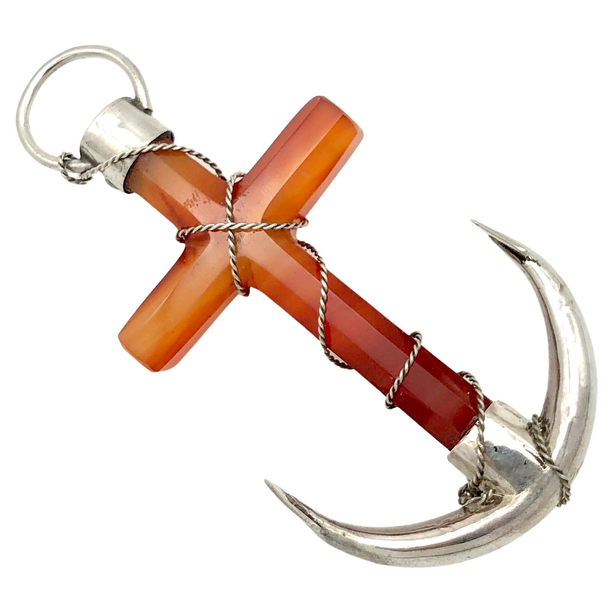 Antique Victorian Anchor Brooch Hope Faith Facetted Carnelian Silver Silver Wire For Sale