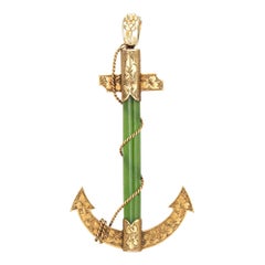 Antique Victorian Anchor Pendant 15k Yellow Gold Nephrite Jade Marine Jewelry