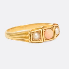 Antique Victorian Angelskin Coral Pearl Three-Stone Ring