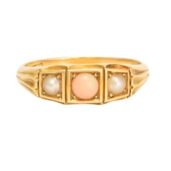 Antique Victorian Angelskin Coral Pearl Three-Stone Ring