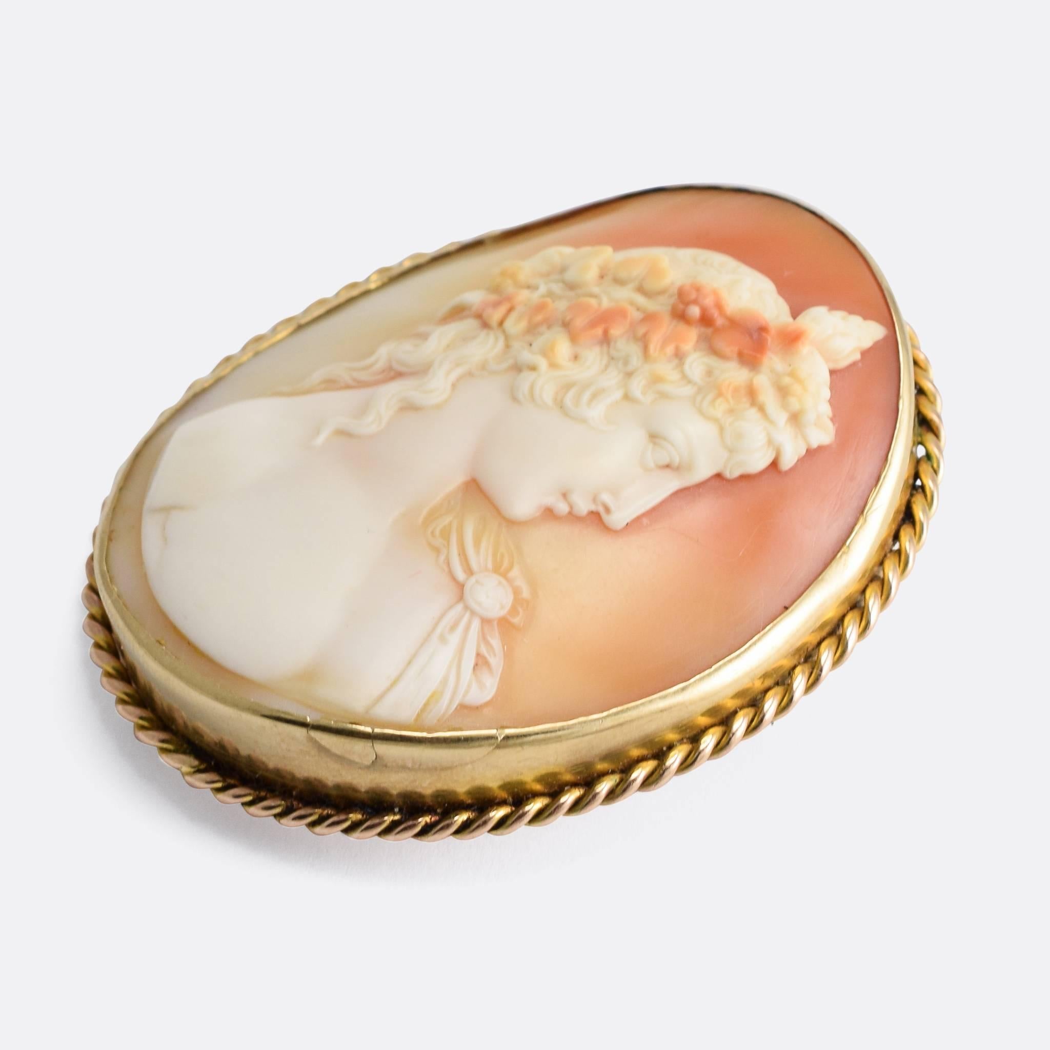 A stunning antique cameo brooch depicting Antinous, the Emperor Hadrian's lover. Hadrian was introduced to Antinous in 123 AD and became instantly besotted on account of his angelic beauty. Antinous accompanied Hadrian during his attendance of the