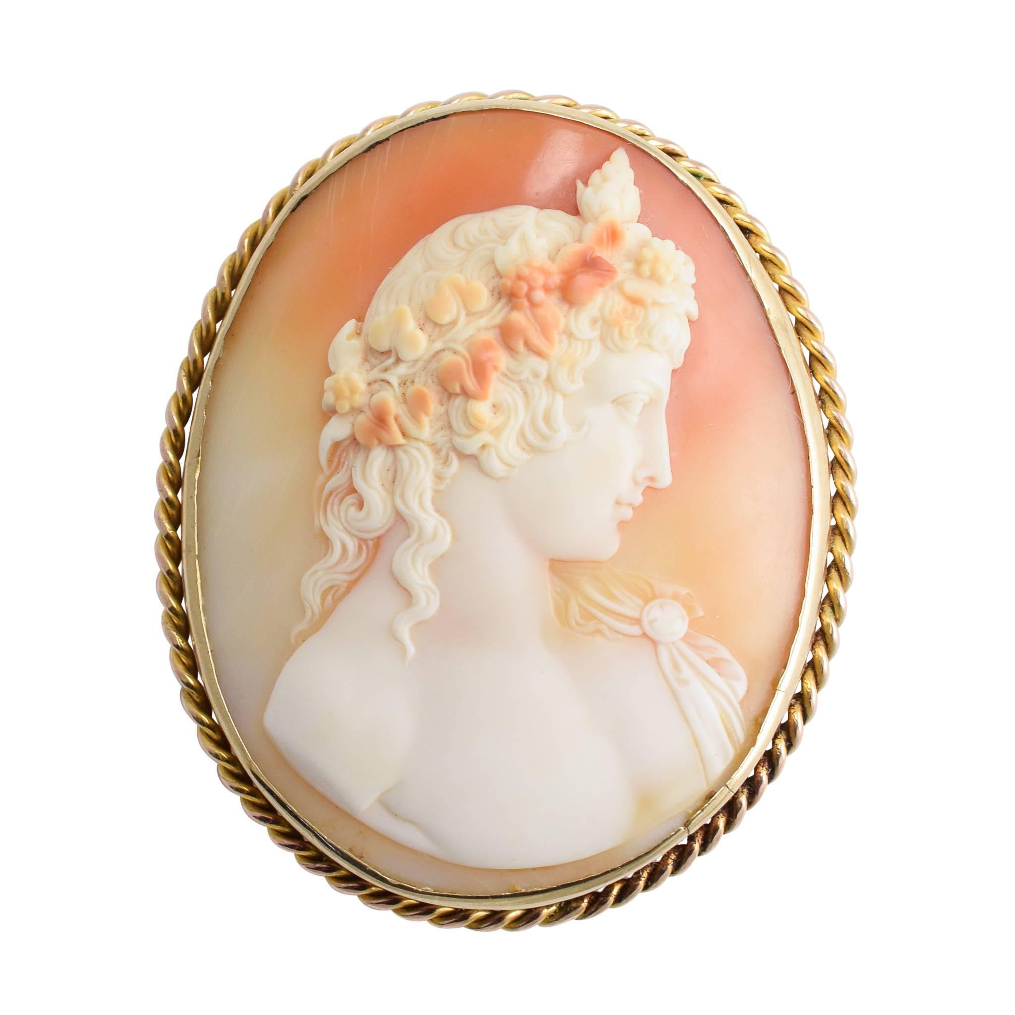 Antique Victorian "Antinous" Shell Cameo Gold Brooch
