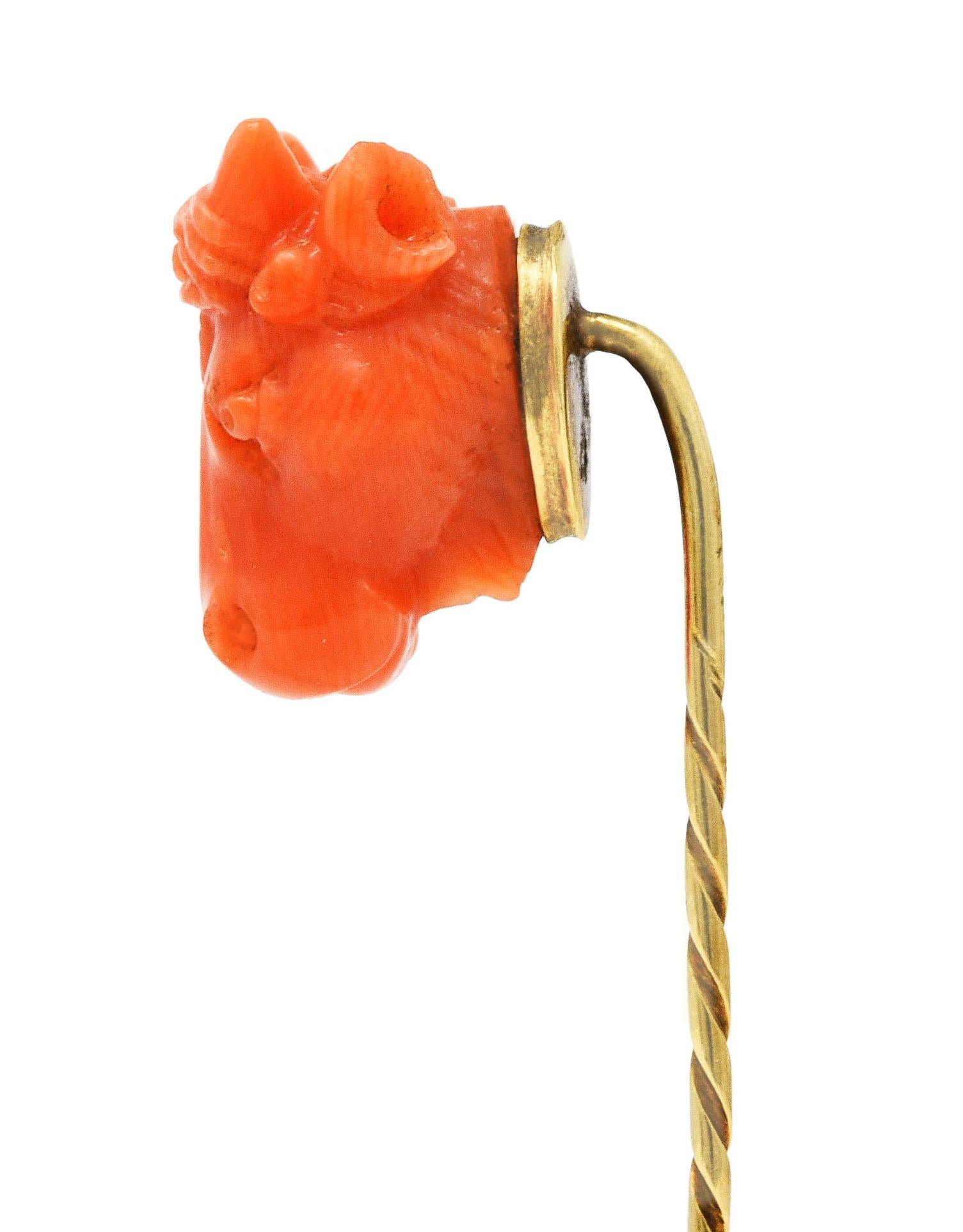 Uncut Antique Victorian Antique Coral 14 Karat Gold Europa Zeus Bull Stickpin