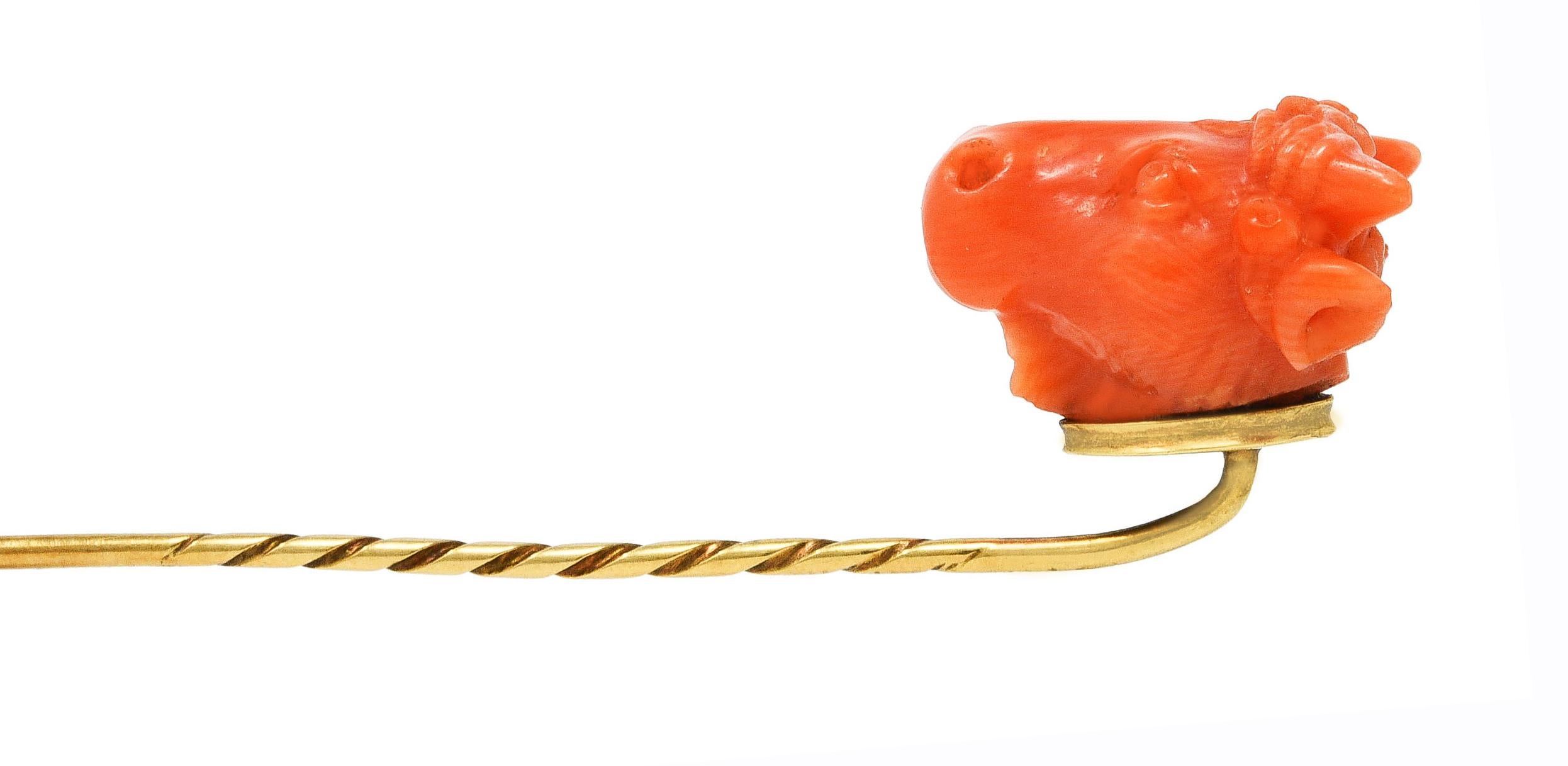 Antique Victorian Antique Coral 14 Karat Gold Europa Zeus Bull Stickpin 1