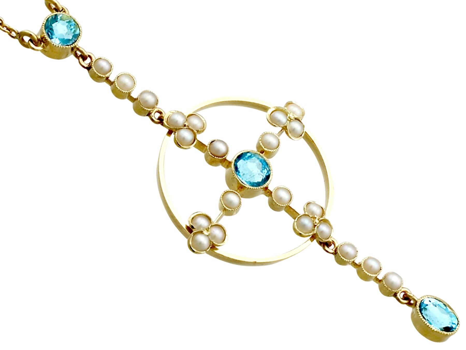 Round Cut Antique Victorian Aquamarine and Pearl Yellow Gold Pendant, circa 1890 For Sale