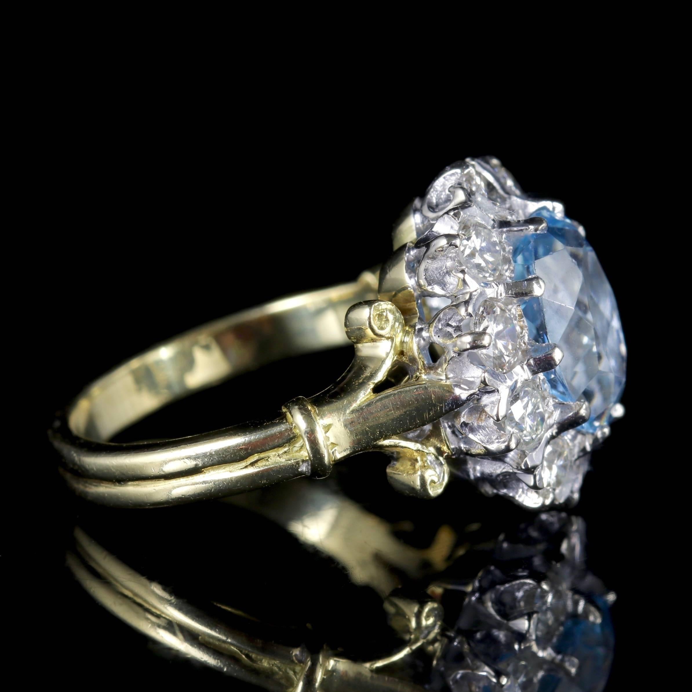 Women's Antique Victorian Aquamarine Cluster Ring Diamond 18 Carat Gold, circa 1900