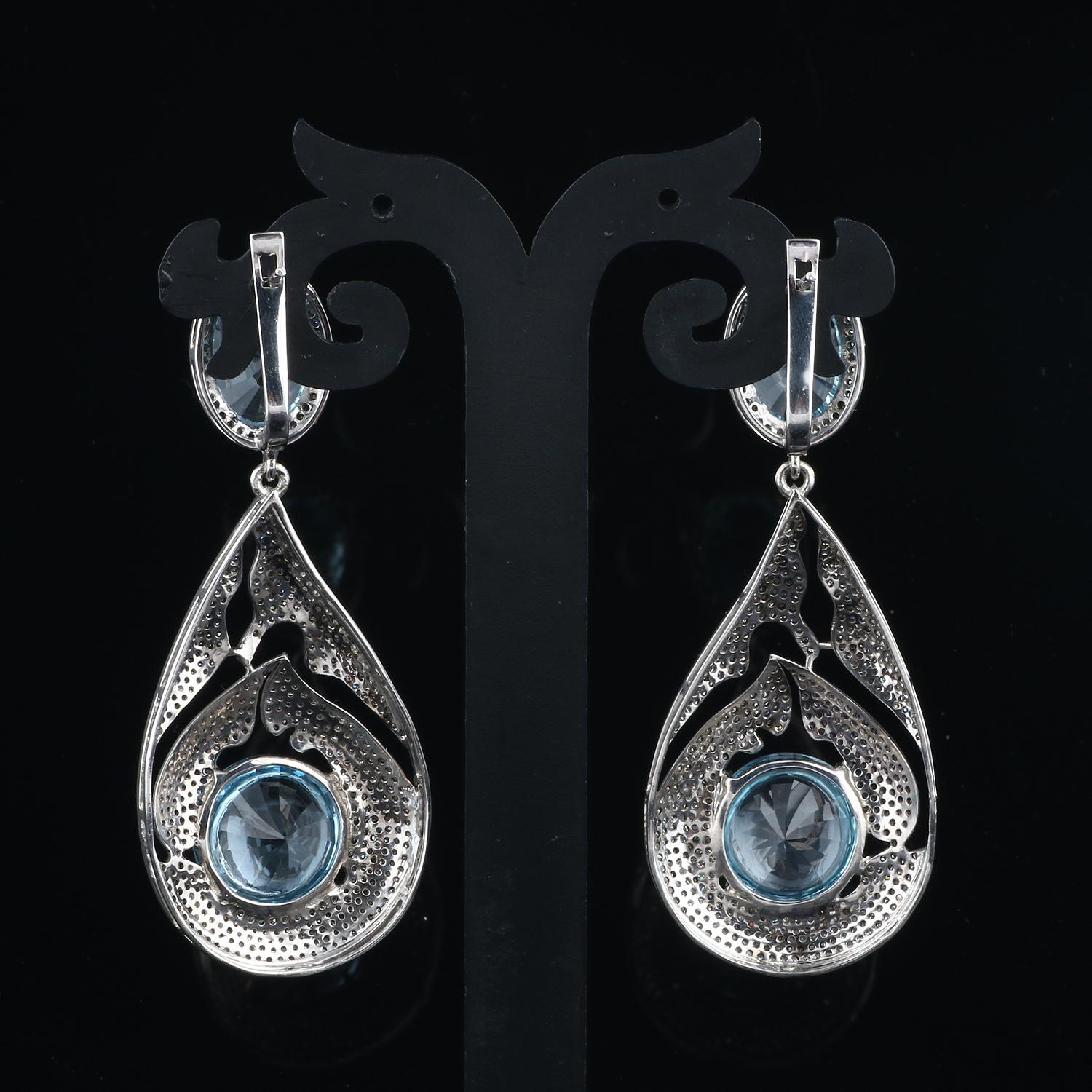 Round Cut Antique Victorian Aquamarine Dangle Earrings, Diamond Pink Sapphire Earrings For Sale
