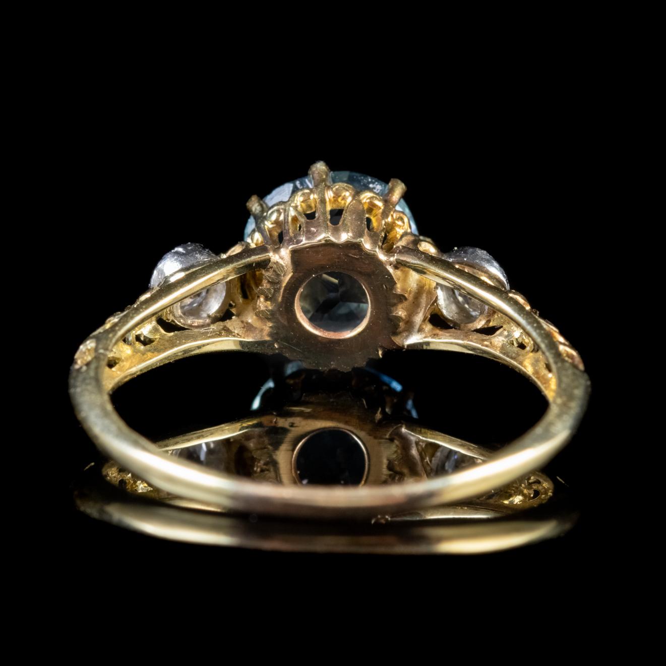 Antique Victorian Aquamarine Diamond Trilogy Ring 18ct Gold Circa 1900 In Good Condition For Sale In Lancaster, Lancashire