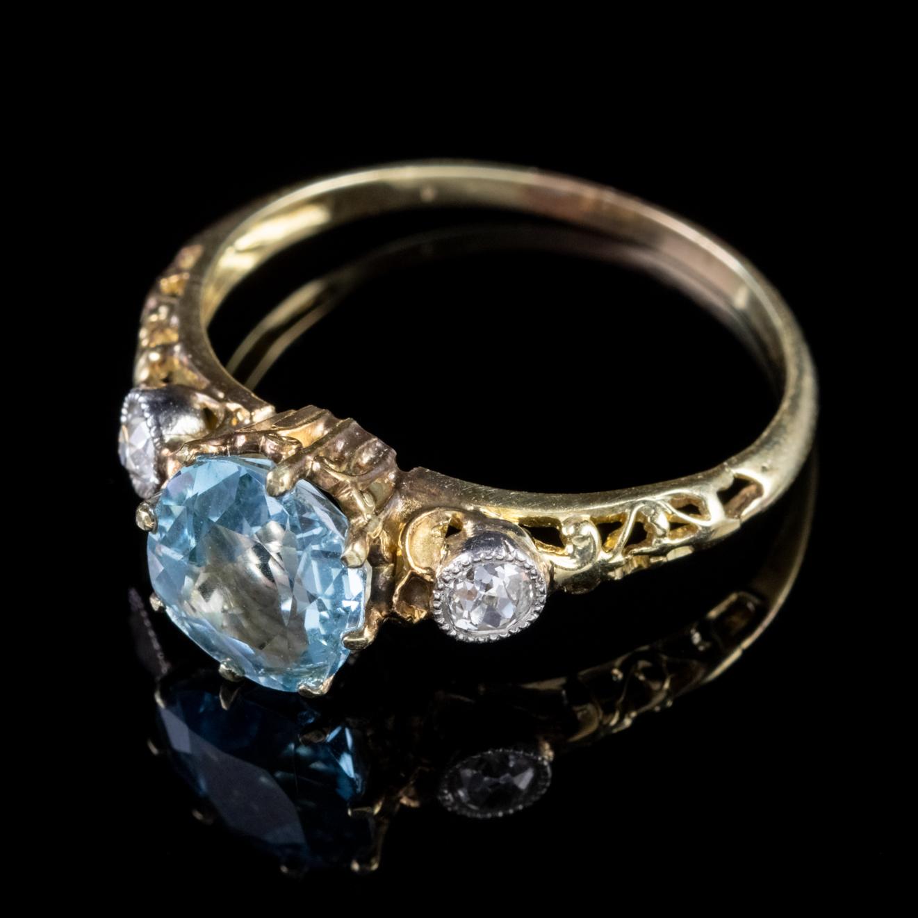 Women's Antique Victorian Aquamarine Diamond Trilogy Ring 18ct Gold Circa 1900 For Sale