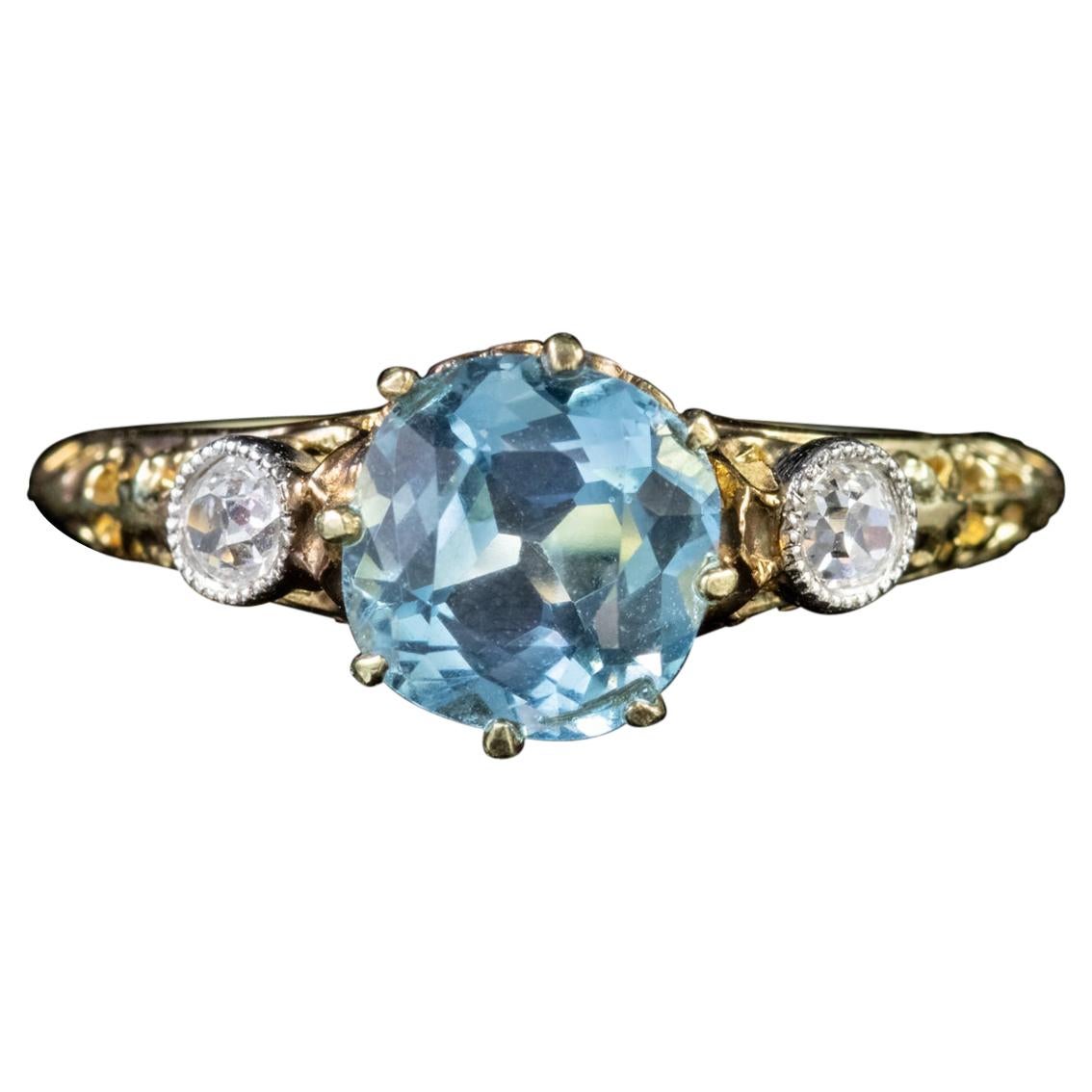 Antique Victorian Aquamarine Diamond Trilogy Ring 18ct Gold Circa 1900 For Sale