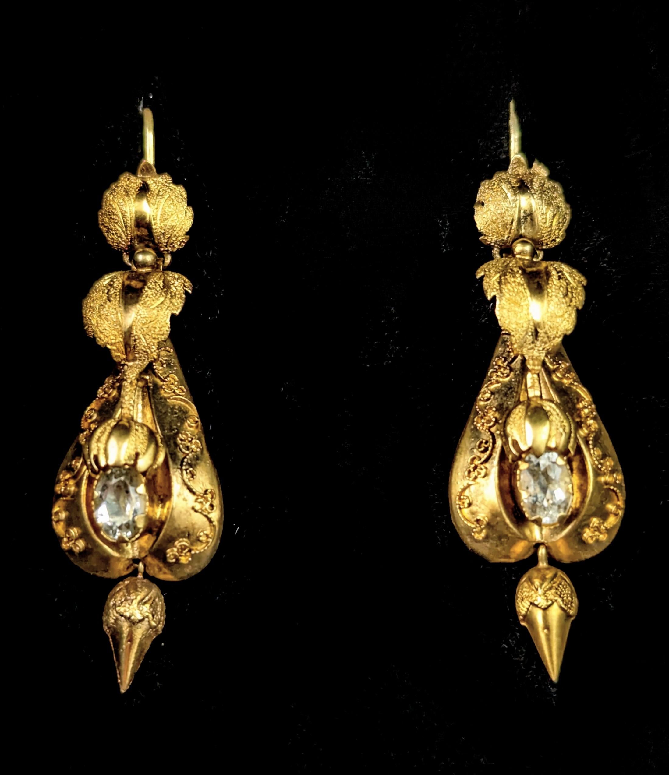 Oval Cut Antique Victorian Aquamarine drop earrings, 15k yellow gold