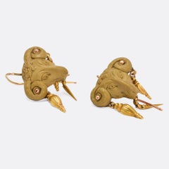 Antique Victorian Archaeological Revival Aries Ram's Head Earrings